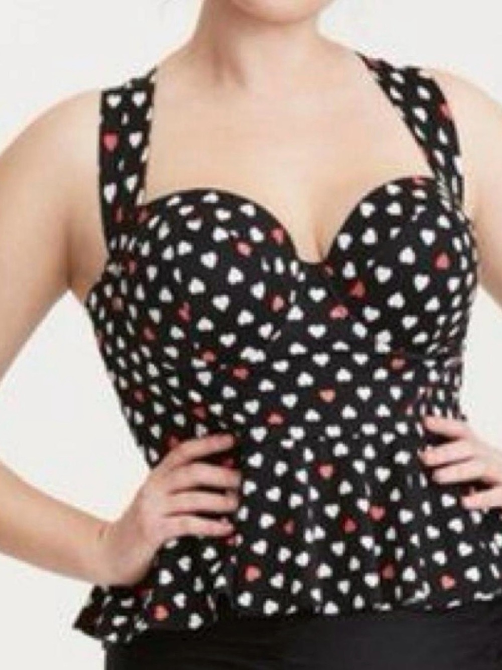 Women’s Plus Torrid Peplum Tankini Top Sz 2 Black Hearts Ruffle Retro Swim